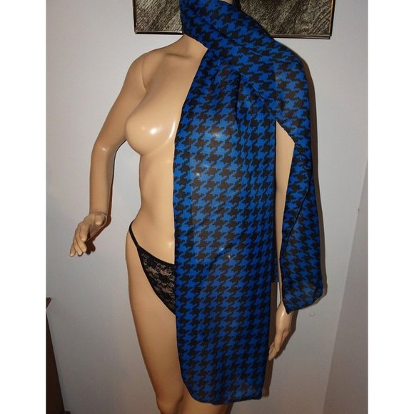 Vintage Blue & Black Liz Sinclair Extra Long Houndstooth Scarf elegant classy - Picture 1 of 16